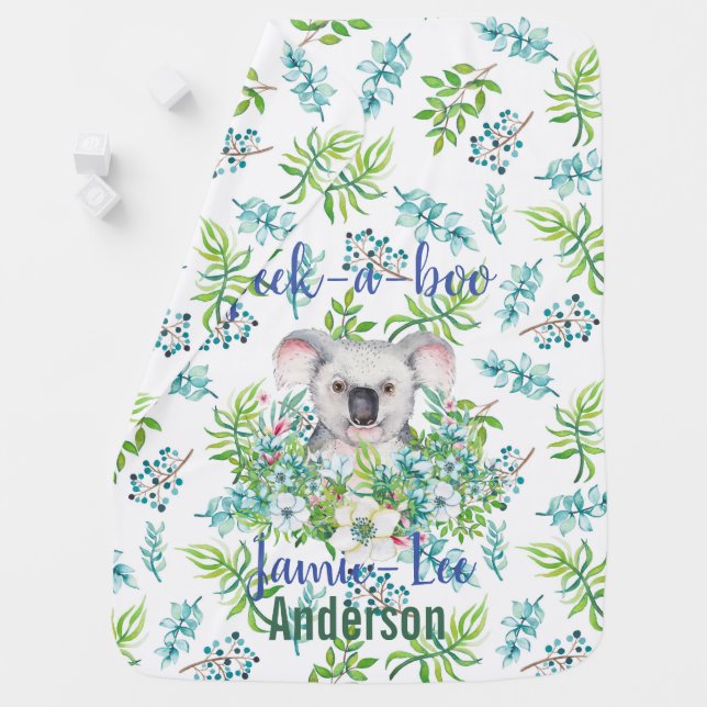 Baby Koala Bear Blue Leaves Boys Named Swaddle Baby Blanket (In Situ)