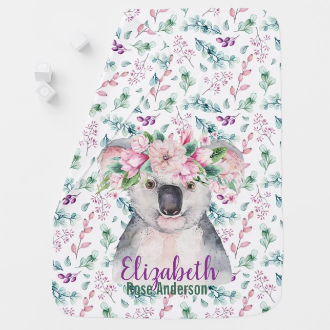 Baby KOALA Bear Purple Floral Named Swaddle Blanket (In Situ)