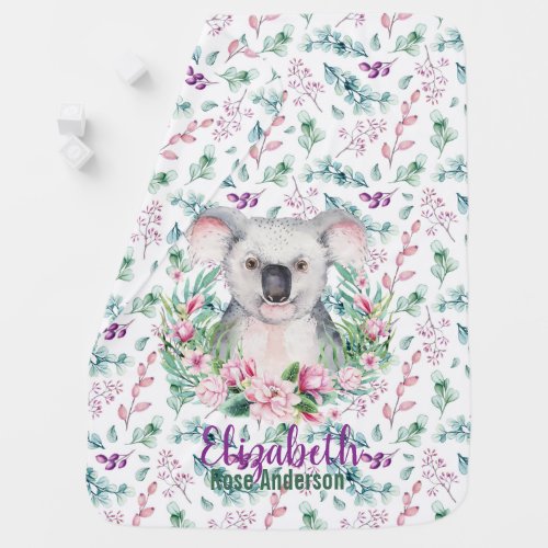 Baby KOALA Bear Purple Flowers Named Swaddle Baby Blanket