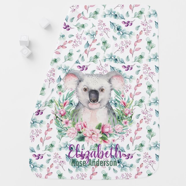 Baby KOALA Bear Purple Flowers Named Swaddle Blanket (In Situ)