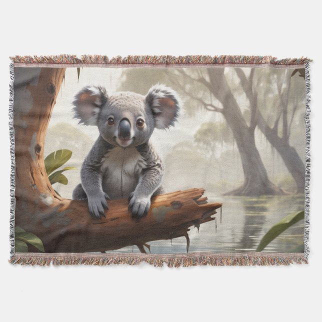 Baby Koala by a Pond Throw Blanket (Front)