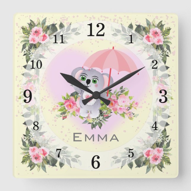Baby Koala | Nursery Décor | Yellow Personalized Square Wall Clock (Front)