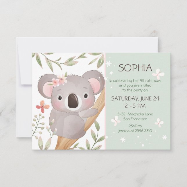 Baby Koala on Tree Birthday Invitation (Front)