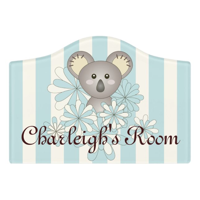 Baby Koala Pastel Blue Stripe Nursery Kids Room Door Sign (Small Crest Front)