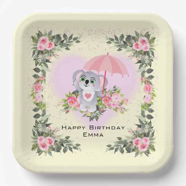 Baby Koala | Personalized Birthday Yellow Paper Plates (Front)