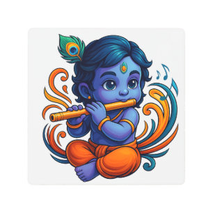 Baby Krishna with Flute – Peace Vibes Vibrant 3D Metal Print