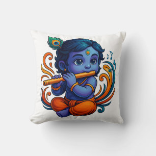 Baby Krishna with Flute – Peace Vibes Vibrant 3D Throw Pillow