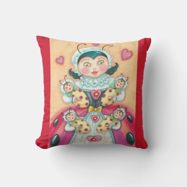 Baby Ladybugs Family THROW PILLOW Red Border (Front)