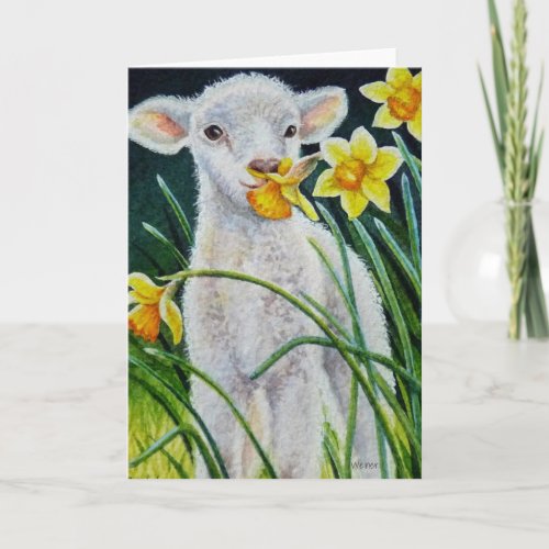 Baby Lamb and Spring Daffodils Watercolor Art Card