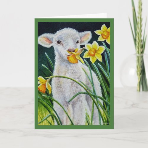 Baby Lamb and Spring Daffodils Watercolor Art Card