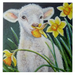 Baby Lamb and Spring Daffodils Watercolor Art Ceramic Tile