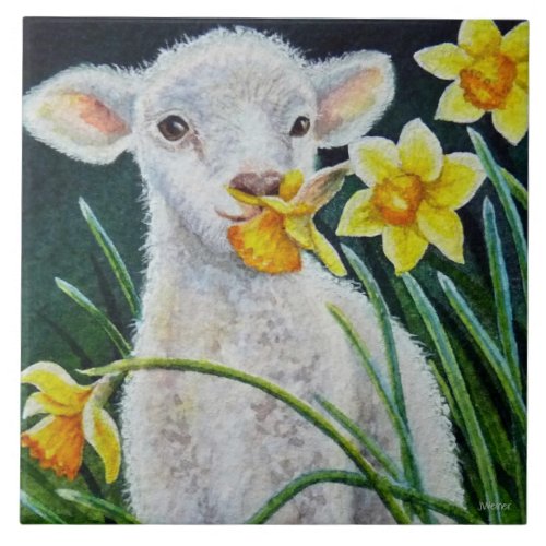 Baby Lamb and Spring Daffodils Watercolor Art Ceramic Tile