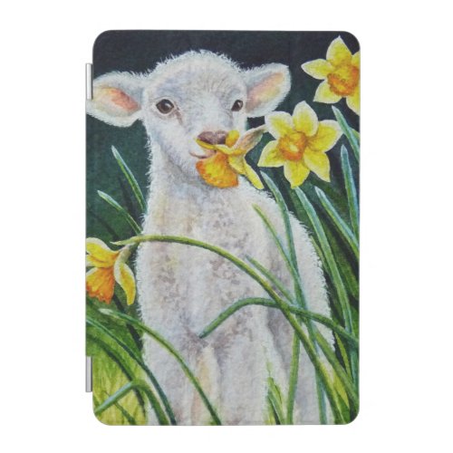 Baby Lamb and Spring Daffodils Watercolor Art iPad Mini Cover