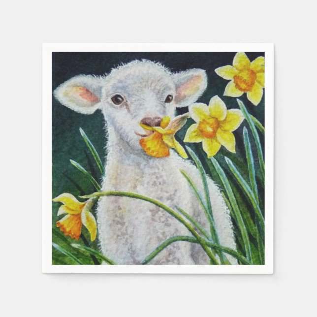 Baby Lamb and Spring Daffodils Watercolor Art Napkins (Front)