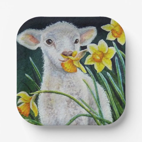 Baby Lamb and Spring Daffodils Watercolor Art Paper Plates