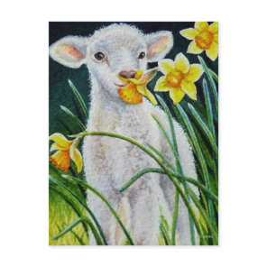 Baby Lamb and Spring Daffodils Watercolor Art Post Postcard