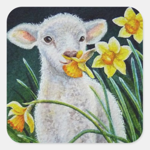 Baby Lamb and Spring Daffodils Watercolor Art Square Sticker