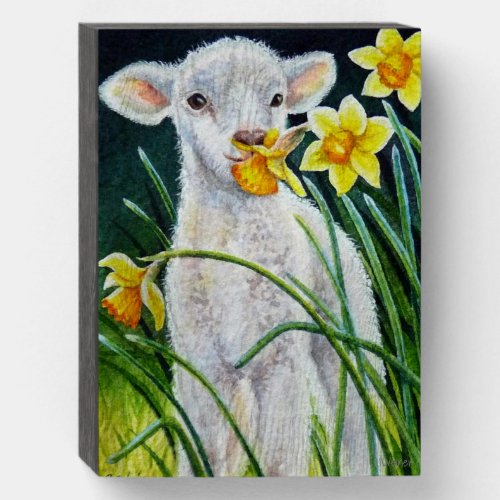 Baby Lamb and Spring Daffodils Watercolor Art Wooden Box Sign