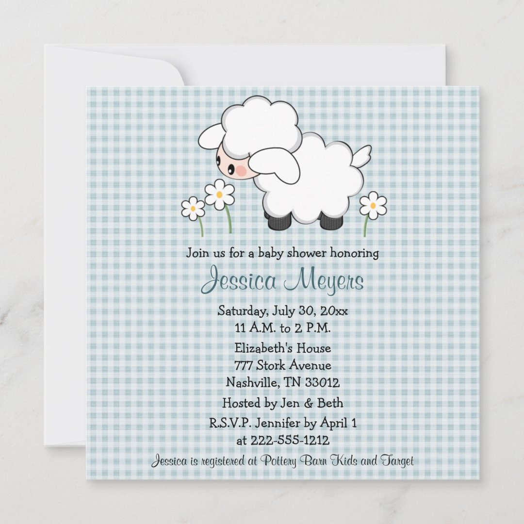 Baby Lamb Baby Shower Invitations Blue Gingham Zazzle