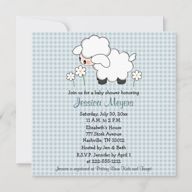 Baby Lamb Baby Shower Invitations Blue Gingham (Front)
