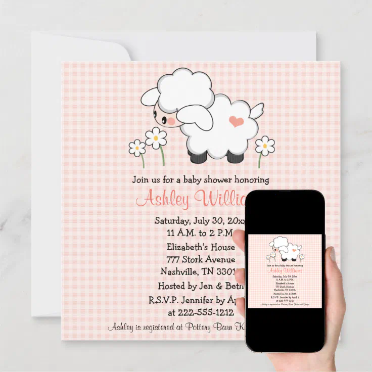 Baby Lamb Baby Shower Invitations Pink Gingham Zazzle