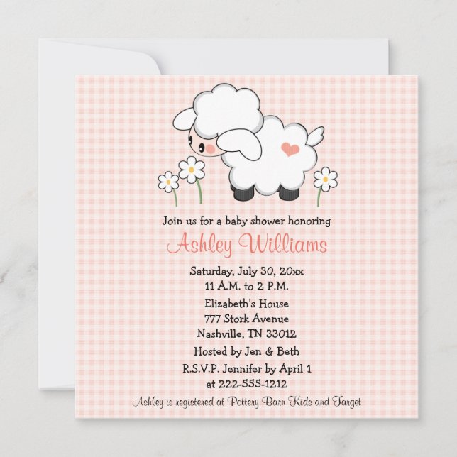 Baby Lamb Baby Shower Invitations Pink Gingham (Front)