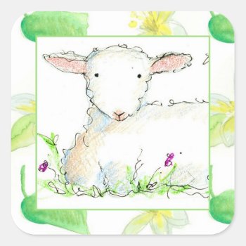 Baby Lamb Farm Animal Sheep Yellow Flowers Square Sticker by CountryGarden at Zazzle
