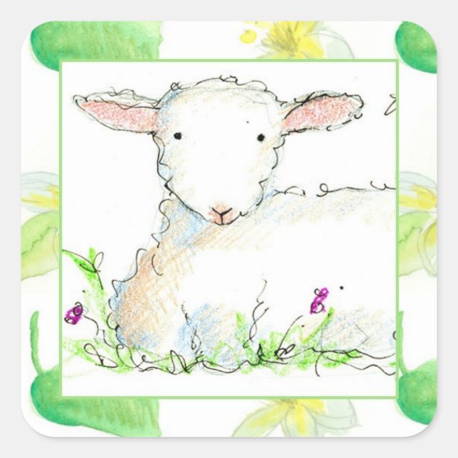 Baby Lamb Farm Animal Sheep Yellow Flowers Square Sticker (Front)