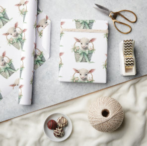 Baby Lamb in Basket Watercolor Baby Shower Wrapping Paper