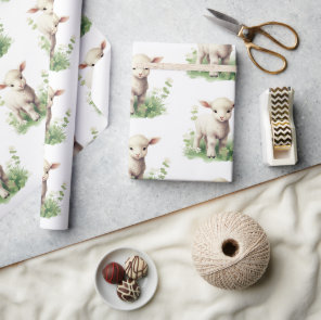 Baby Lamb in Greenery Watercolor Baby Shower Wrapping Paper