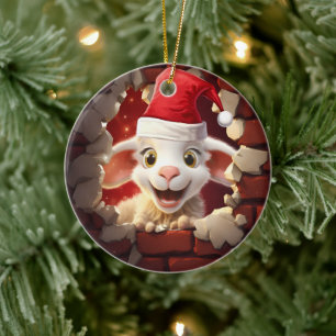 Baby Lamb in Santa Hat - 3D Ceramic Ornament