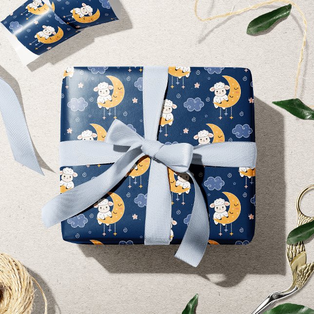 Baby Lamb on Moon Gender Neutral Blue Pattern Wrapping Paper (Creator Uploaded)