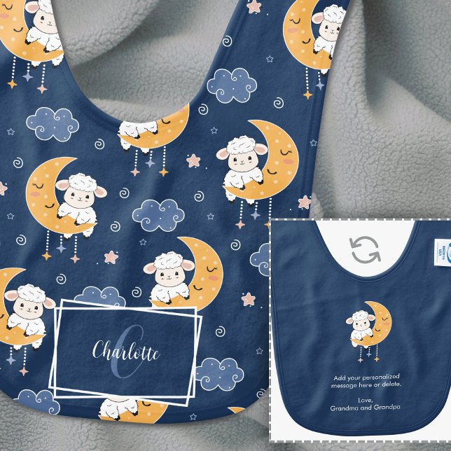 Baby Lamb on Moon Pattern w/ Personalized Message Baby Bib (Creator Uploaded)