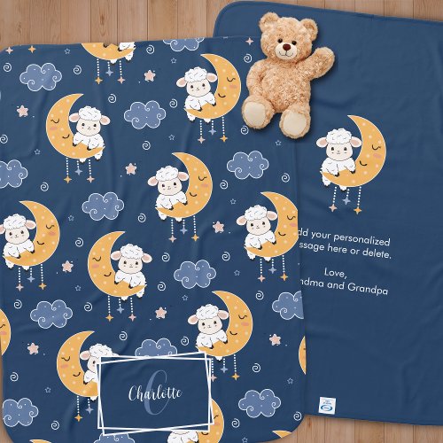 Baby Lamb on Moon Pattern w Personalized Message Baby Blanket
