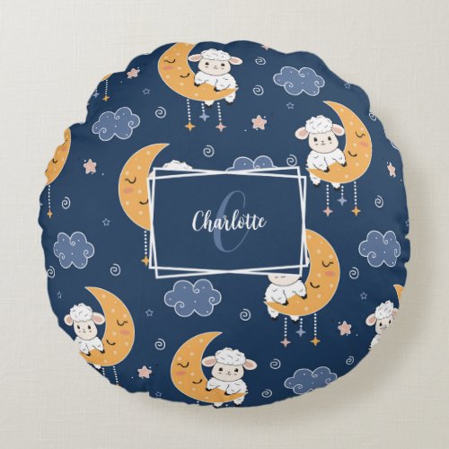 Baby Lamb on Moon Pattern w Personalized Message Round Pillow