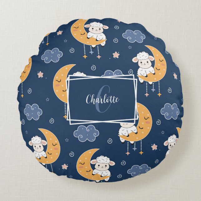 Baby Lamb on Moon Pattern w/ Personalized Message Round Pillow (Front)