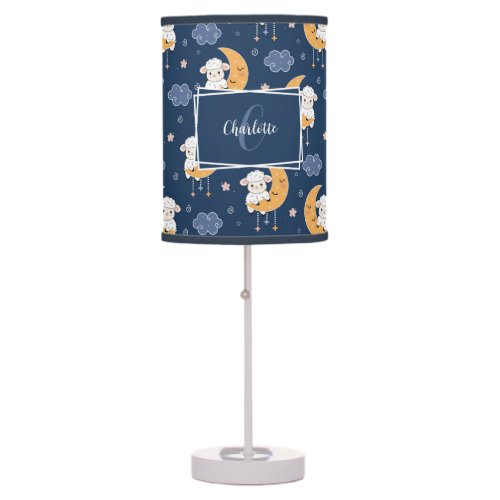 Baby Lamb on Moon Pattern w Personalized Message Table Lamp
