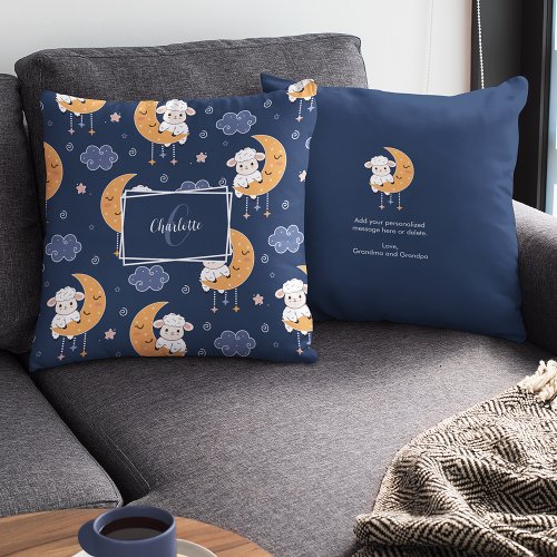 Baby Lamb on Moon Pattern w Personalized Message Throw Pillow