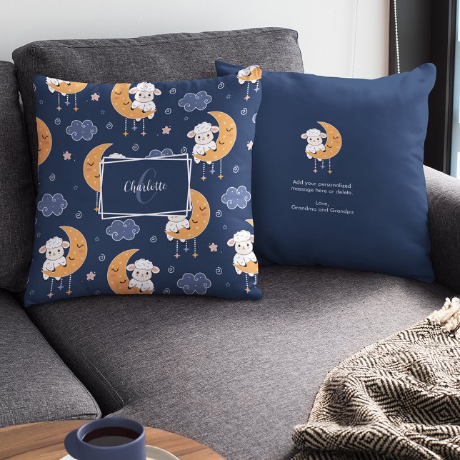 Baby Lamb on Moon Pattern w/ Personalized Message Throw Pillow (Creator Uploaded)