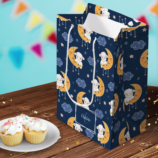 Baby Lamb on Moon Pattern with First Name Medium Gift Bag (Creator Uploaded)