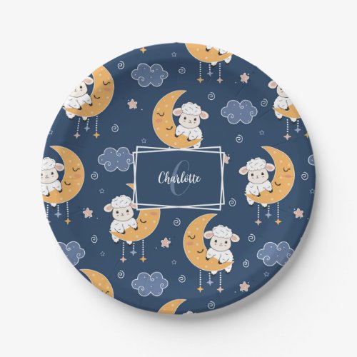 Baby Lamb on Moon Pattern with First Name Paper Plates
