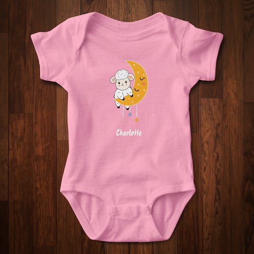 Baby Lamb on Moon with Personalized First Name Baby Bodysuit