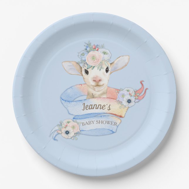 Baby Lamb Pink Blue Farm Country Pastel Paper Plates (Front)