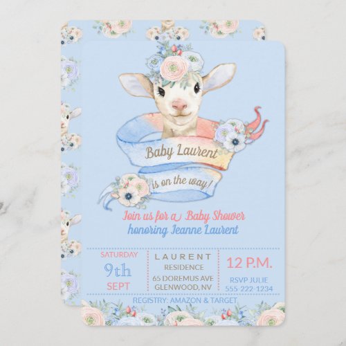 Baby Lamb Pink Blue Farm Nursery Country Invitation