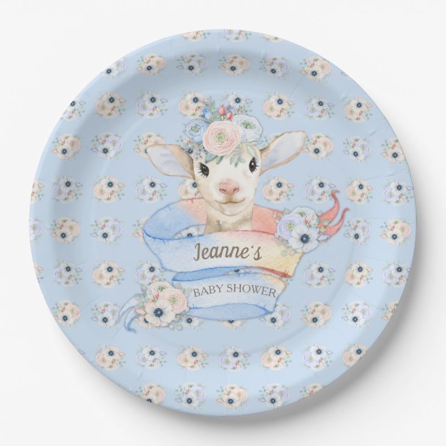 Baby Lamb Pink Blue Farm Nursery Paper Plates (Front)