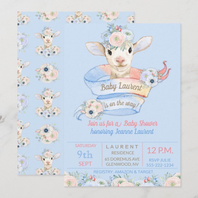 Baby Lamb Pink Blue Gender Neutral Reveal Invitation (Front/Back)