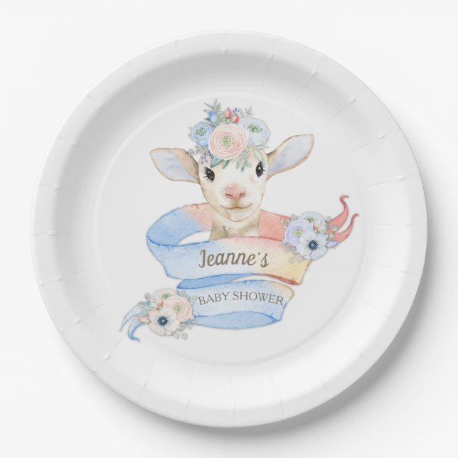 Baby Lamb Pink Blue Gender Neutral Reveal Paper Plates (Front)