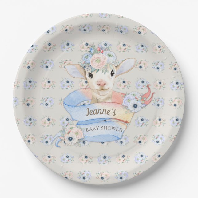 Baby Lamb Pink Blue Gender Neutral Reveal Paper Plates (Front)