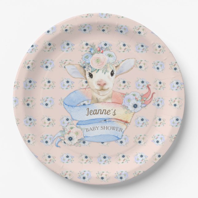 Baby Lamb Pink Blue Gender Neutral Reveal Paper Plates (Front)