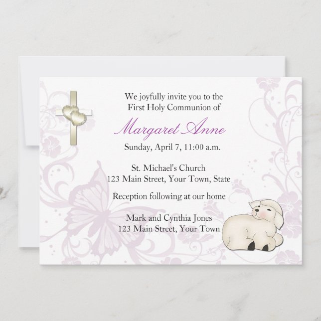 Baby Lamb Purple Religious Invitation (Front)